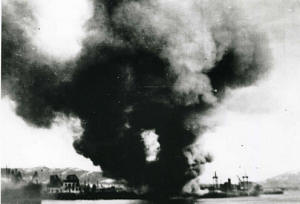 Namsos harbour on fire 1940